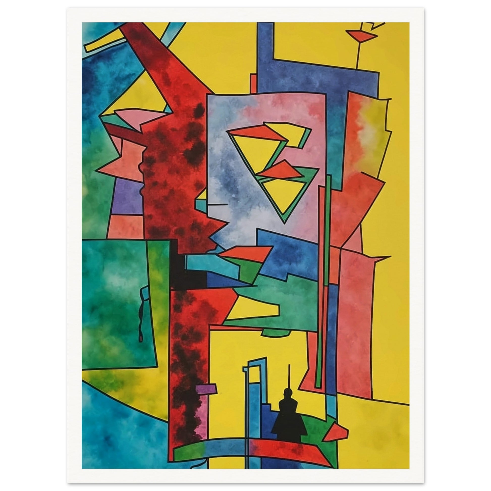 Abstract geometric artwork featuring vibrant shapes and bold colors, evoking a dynamic urban landscape.