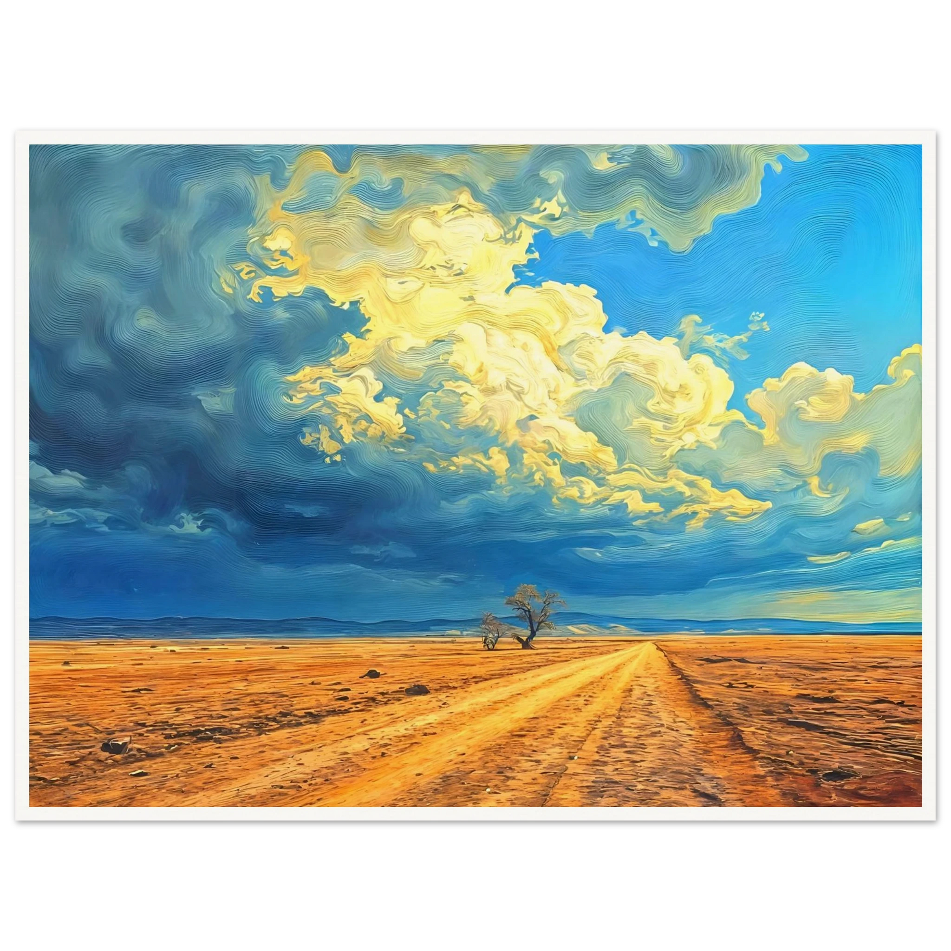 A golden dirt road stretches through an open desert under swirling clouds of blue and gold, evoking strength and solitude.