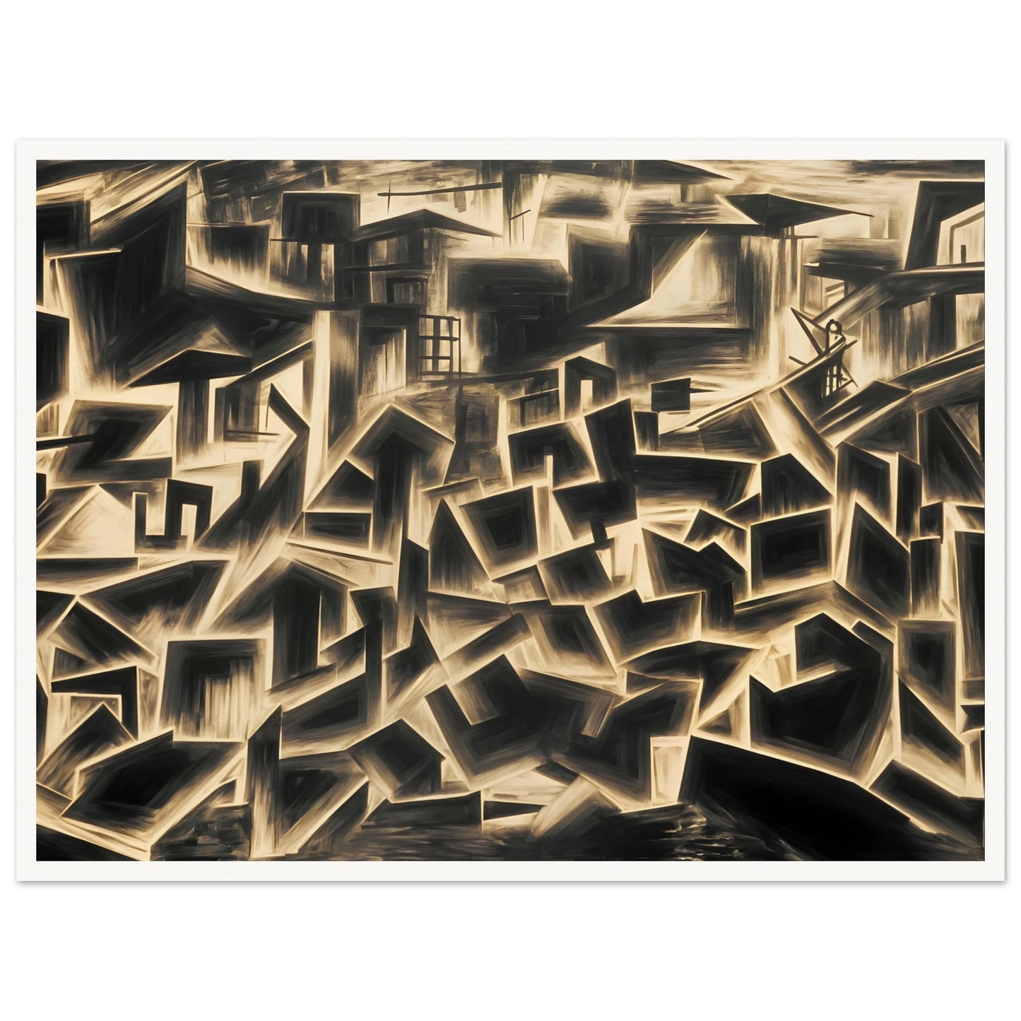 A cityscape emerges from fragmented geometric shapes, blending light and shadow in a monochrome palette with sepia undertones.