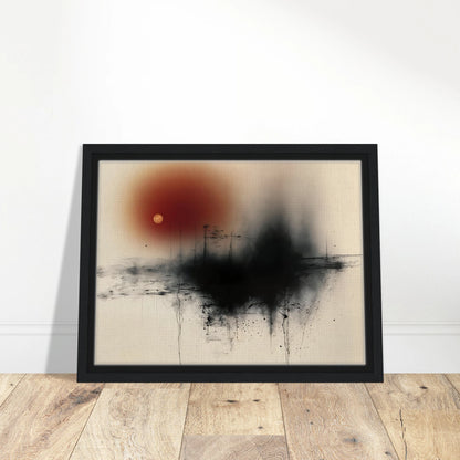 Black ink horizon with red sun and small gold moon on a cream field, with fine lines and splatters.