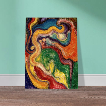 Lively spiral strokes in red, green, yellow, and blue twist and merge, forming a textured, flowing visual dialogue.