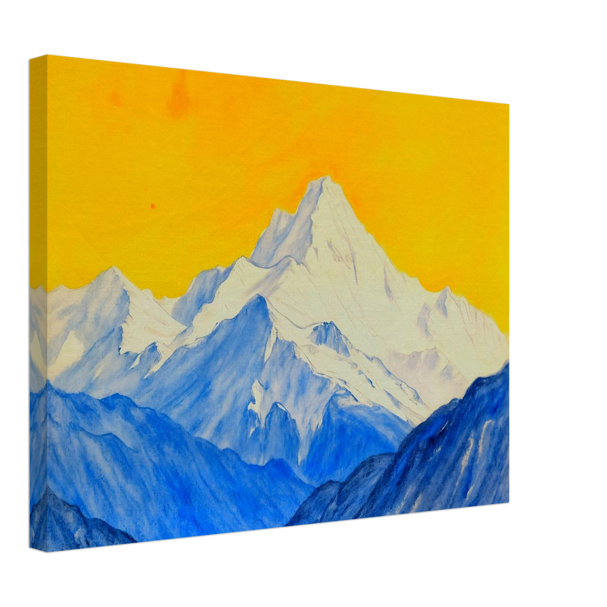 Snowy blue mountain ranges rise beneath a brilliant golden sky, blending icy grandeur with vivid warmth.