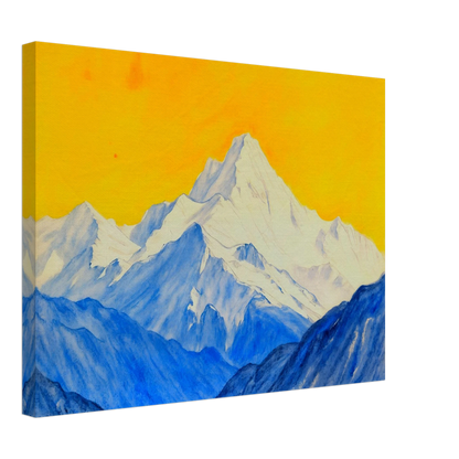 Snowy blue mountain ranges rise beneath a brilliant golden sky, blending icy grandeur with vivid warmth.