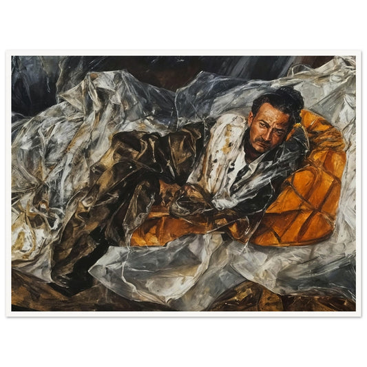 A realistic painting of a man lying down on an orange cushion, draped in textured fabrics, with a contemplative expression.