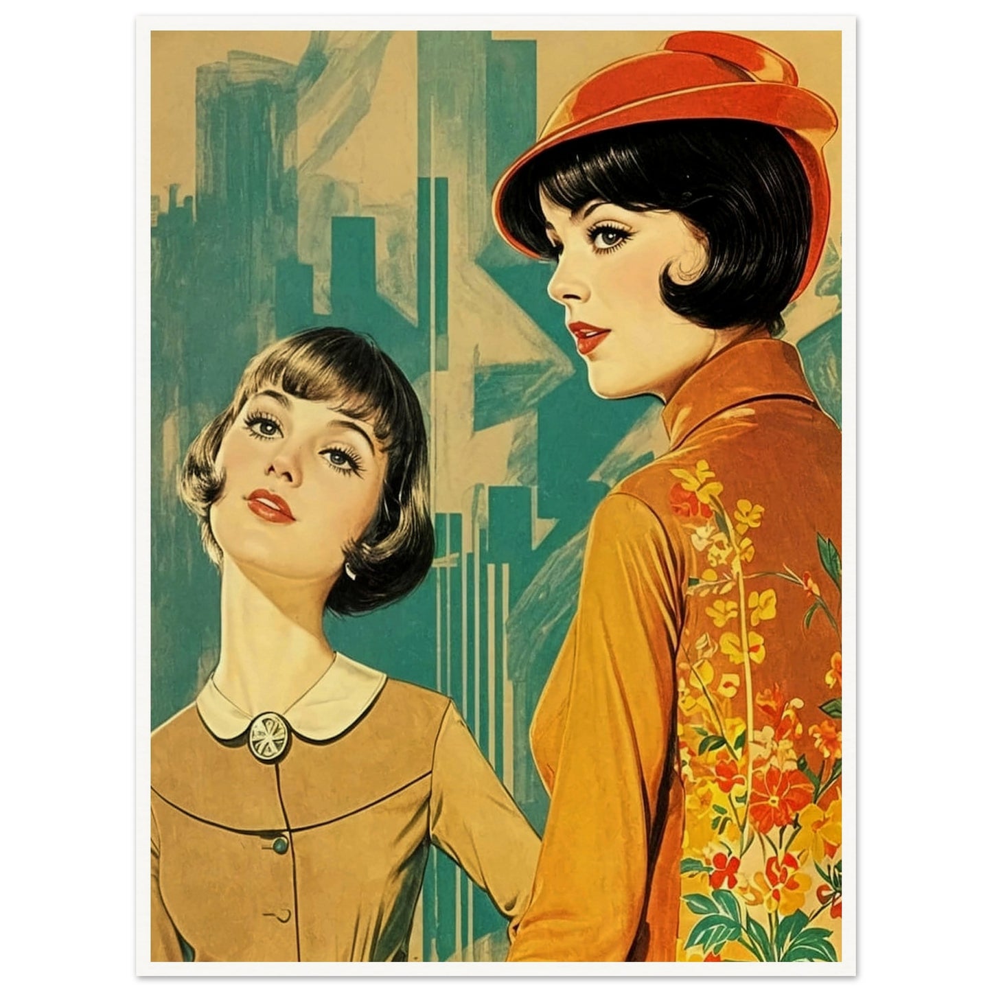 Two fashionable women in stylish retro clothing, one in a brown dress and the other in a floral-patterned orange vest, set against a modern cityscape.