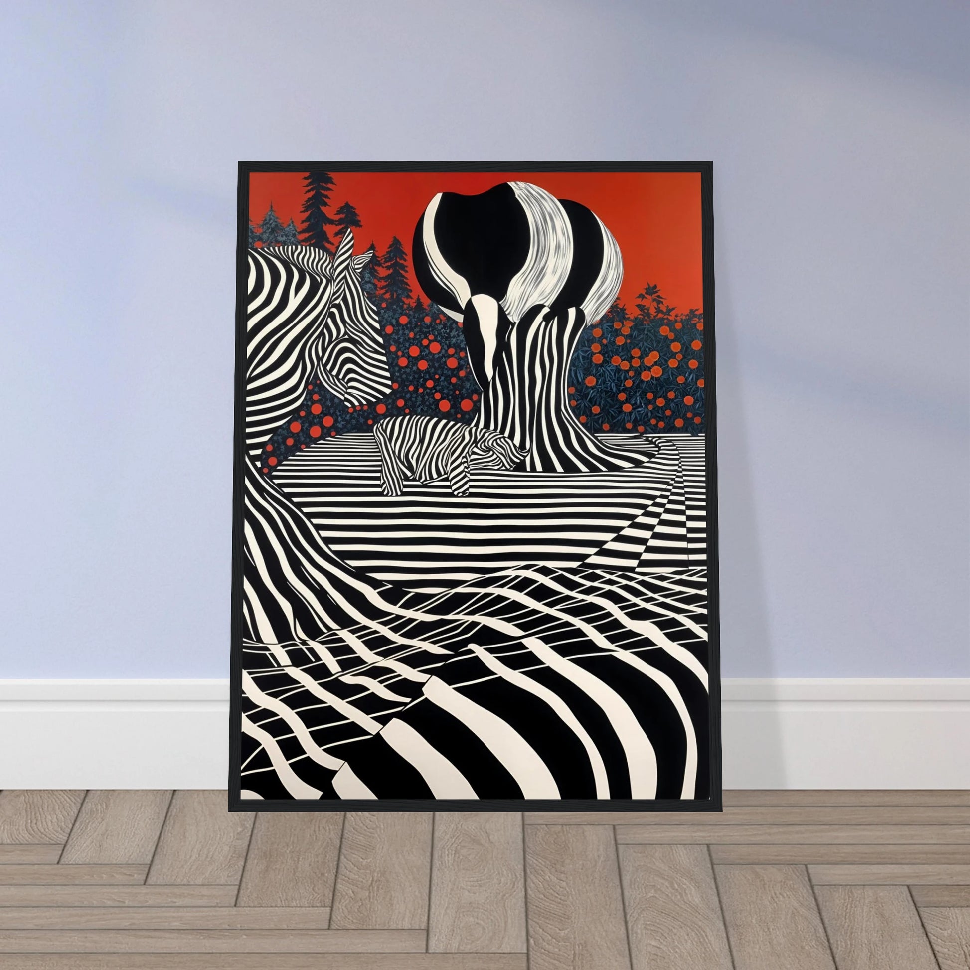 Stylized zebras and trees blend into black-and-white stripes against a deep red sky, merging nature with bold graphic art.