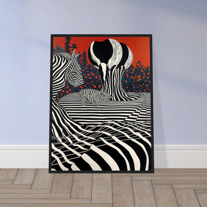 Stylized zebras and trees blend into black-and-white stripes against a deep red sky, merging nature with bold graphic art.
