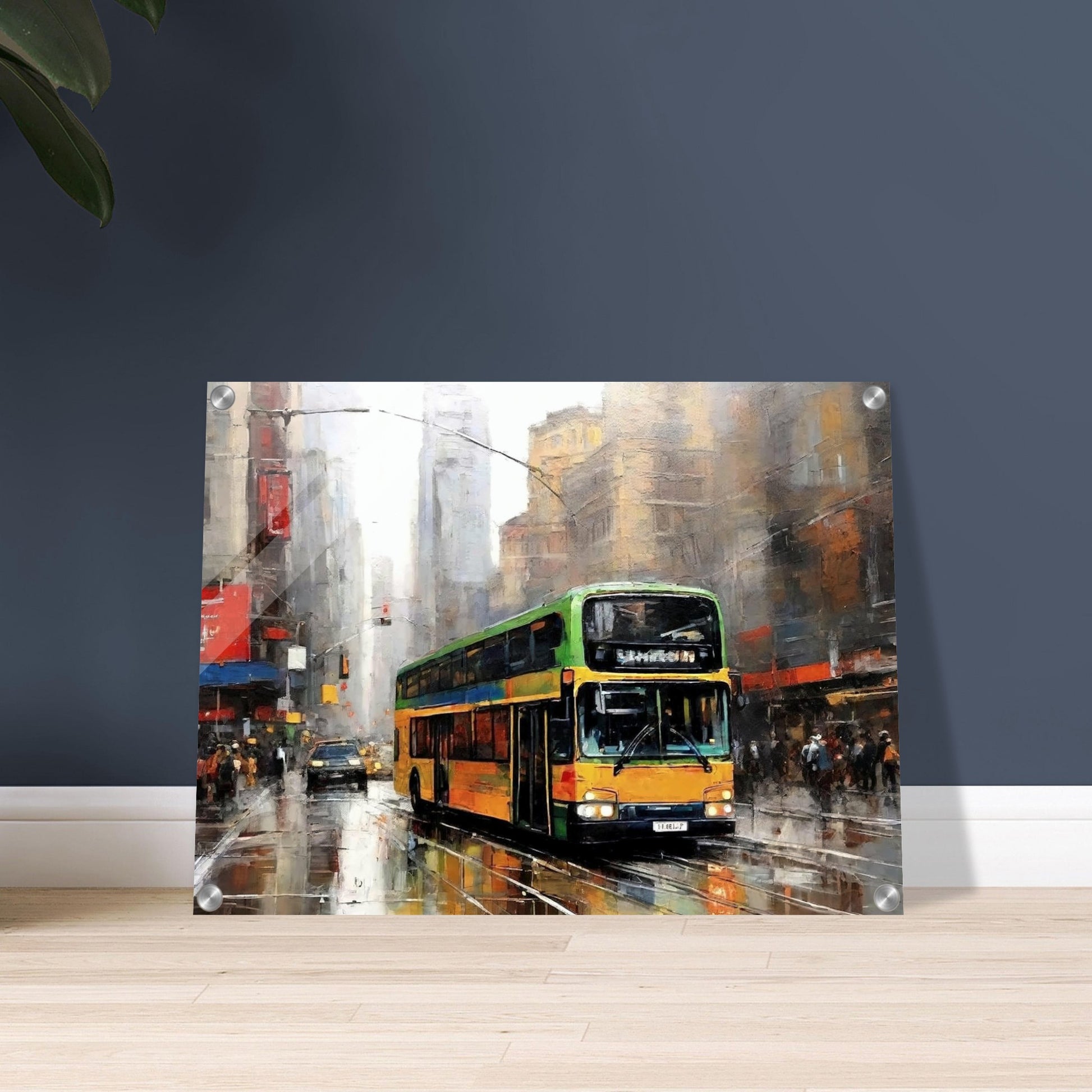 "A vibrant painting of a double-decker bus driving through a busy, rain-soaked city street, with tall buildings and reflections creating an atmospheric urban scene."