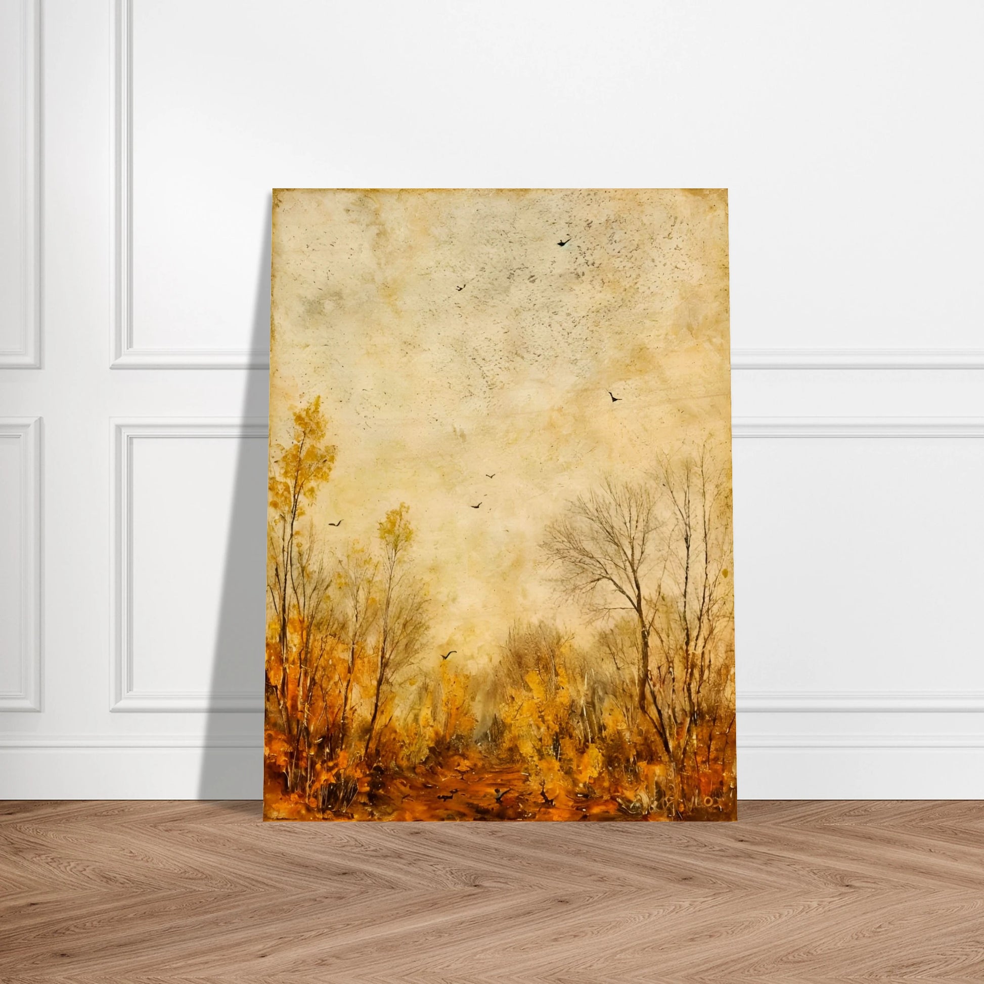 Muted fall forest with golden foliage and bare trees under a textured sky, scattered with birds in quiet flight.