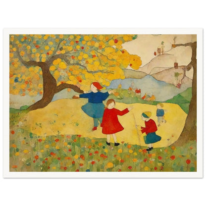 "A whimsical painting of children playing under a tree in a colorful meadow, with vibrant yellow leaves, bright flowers, and rolling hills in the background."