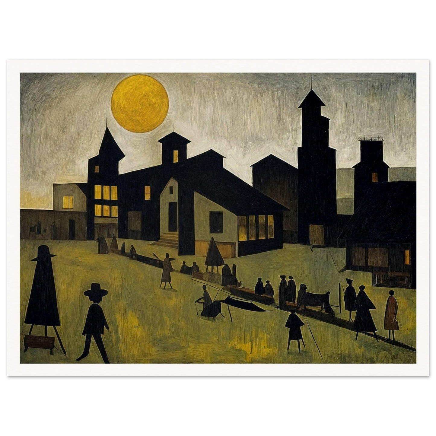 A painting depicting a town under a large sun with silhouetted figures walking and interacting in the foreground.