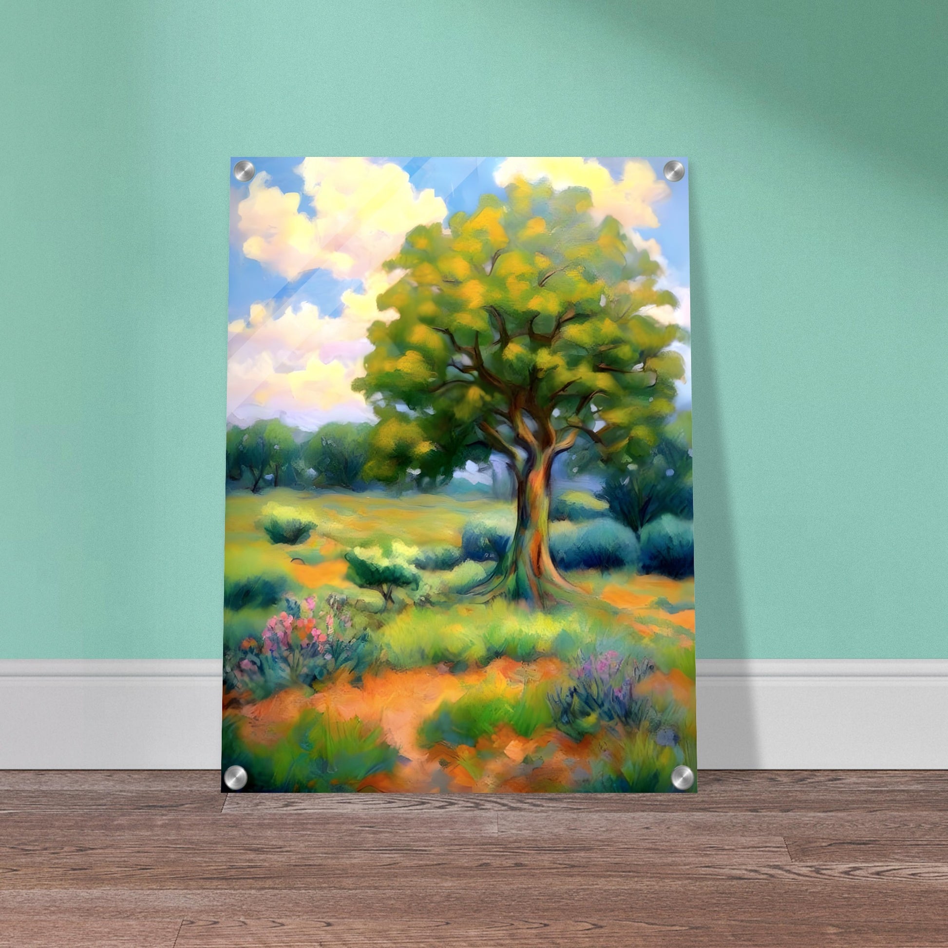 A lush, vibrant landscape featuring a majestic tree with golden-green leaves standing in a sunlit meadow, surrounded by wildflowers and rolling hills under a bright sky.