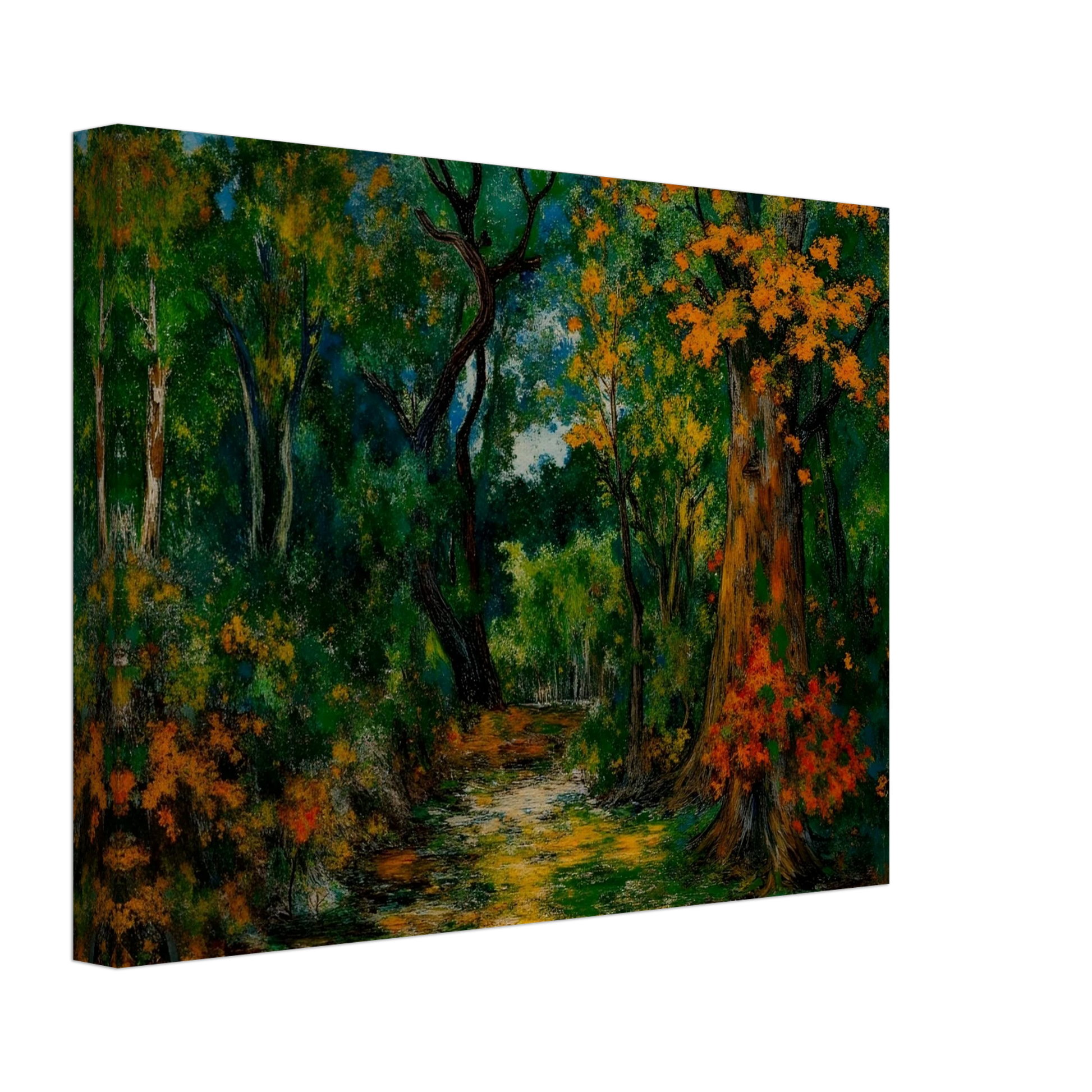 A richly colored forest scene featuring a winding path through dense green woods, framed by tall trees with vibrant orange and golden autumn foliage.