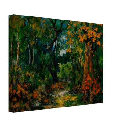 A richly colored forest scene featuring a winding path through dense green woods, framed by tall trees with vibrant orange and golden autumn foliage.