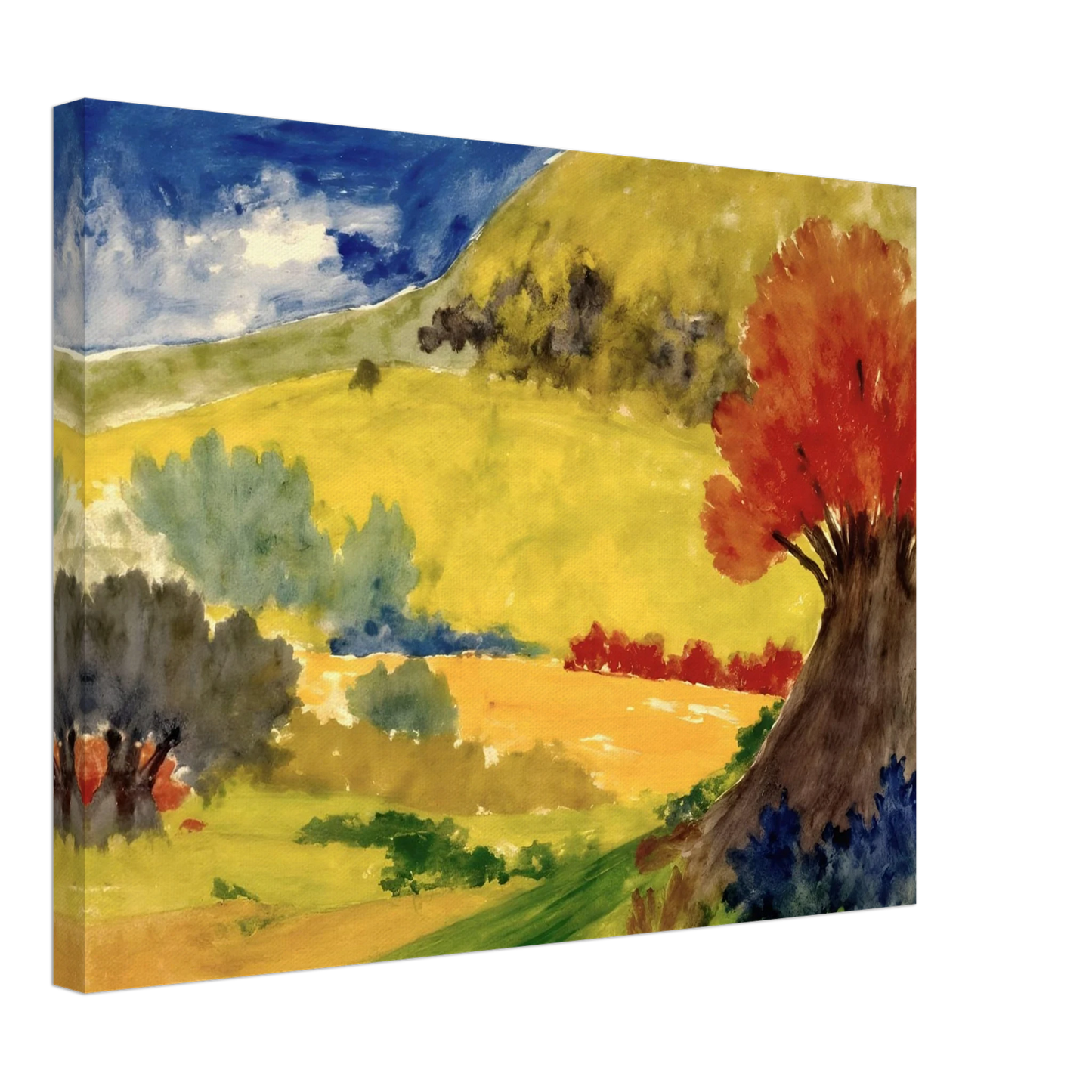 Red tree rises beside golden hills, green fields, and a deep blue sky in a bright countryside scene.