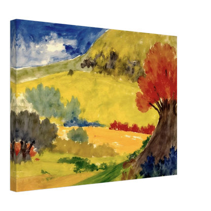 Red tree rises beside golden hills, green fields, and a deep blue sky in a bright countryside scene.
