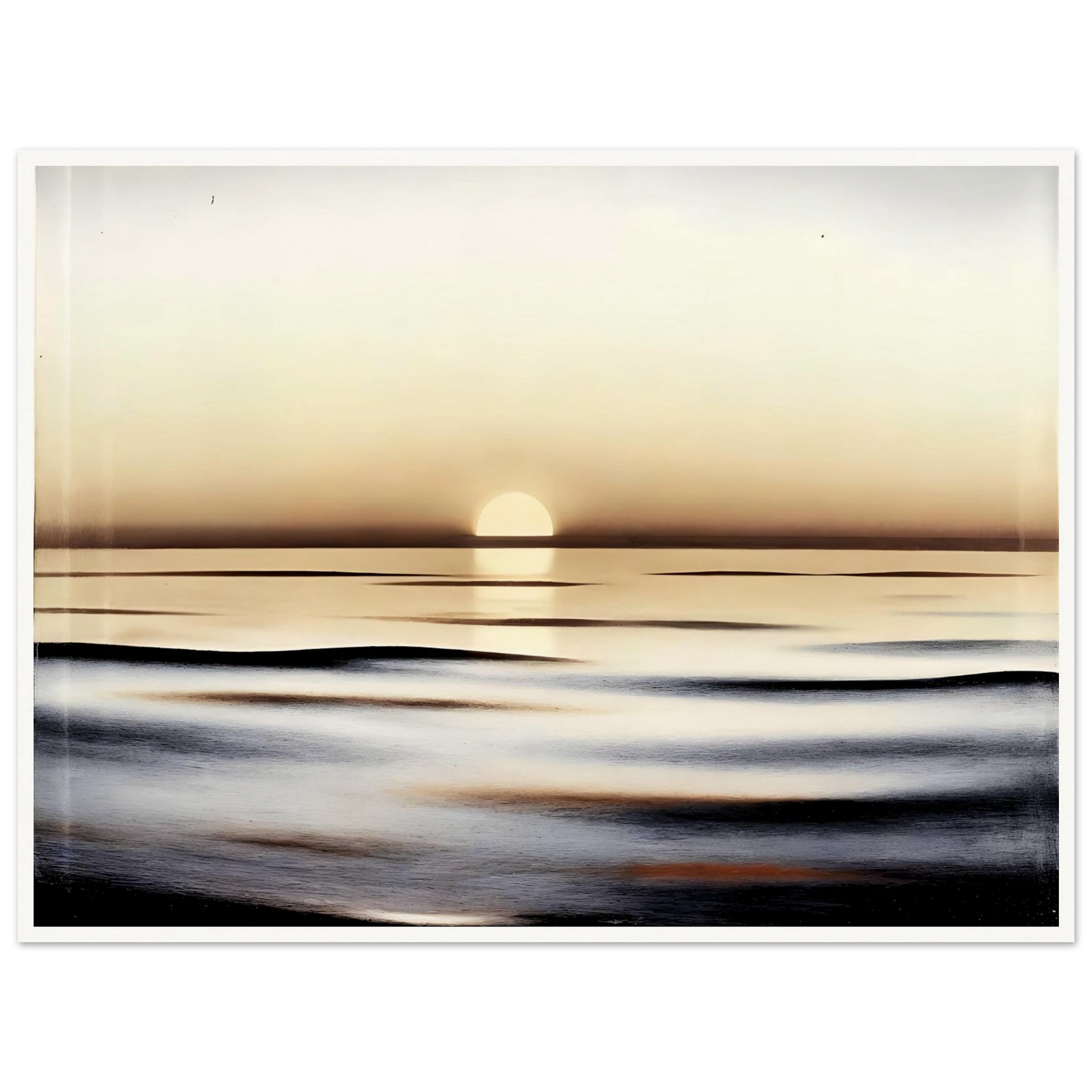 A minimalist seascape capturing the calm of sunrise, where golden light reflects softly on gentle ocean waves.