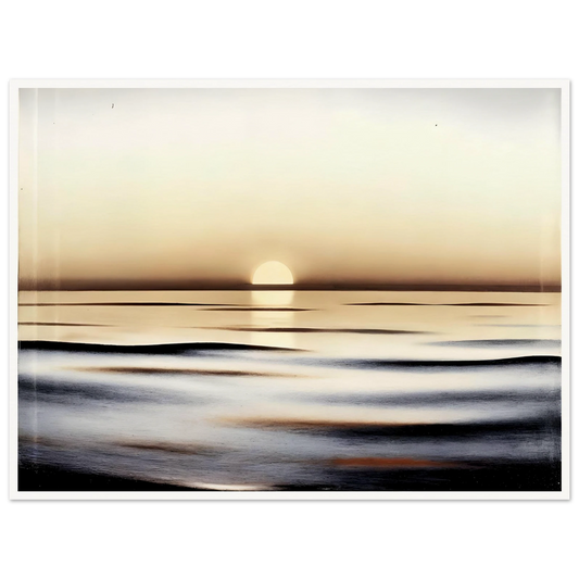 A minimalist seascape capturing the calm of sunrise, where golden light reflects softly on gentle ocean waves.