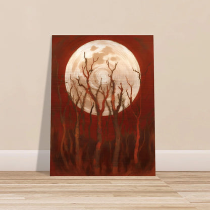 A glowing full moon rises behind twisted, leafless trees against a deep crimson sky, casting an eerie yet powerful atmosphere.