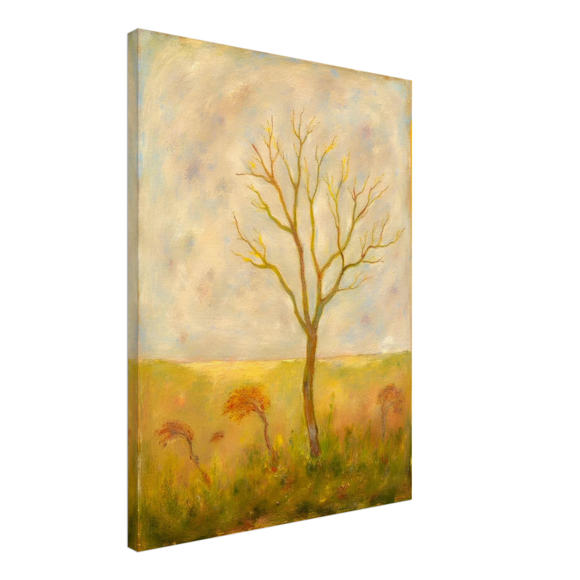 A lone tree stands tall in a golden meadow under a pale sky, its bare branches reaching gracefully toward the light.