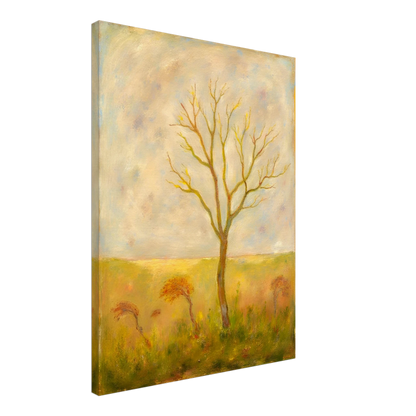 A lone tree stands tall in a golden meadow under a pale sky, its bare branches reaching gracefully toward the light.