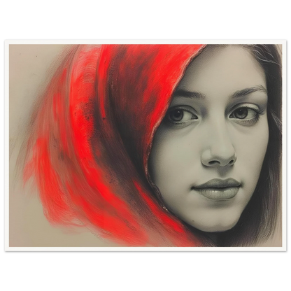 A soft portrait of a young woman draped in a vivid red hood, her calm gaze contrasting with the fiery energy surrounding her.
