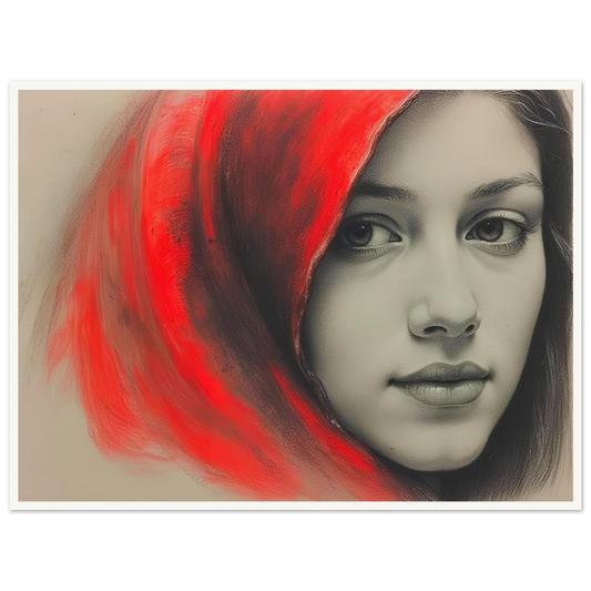 A soft portrait of a young woman draped in a vivid red hood, her calm gaze contrasting with the fiery energy surrounding her.