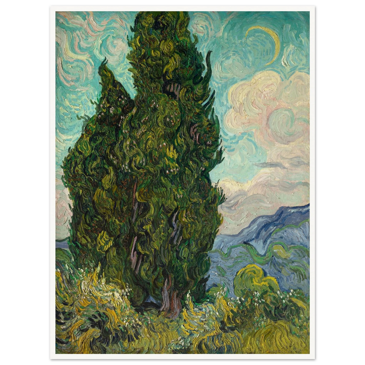 Tall cypress trees rise against a swirling blue sky with mountains in the distance