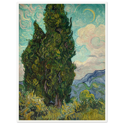 Tall cypress trees rise against a swirling blue sky with mountains in the distance