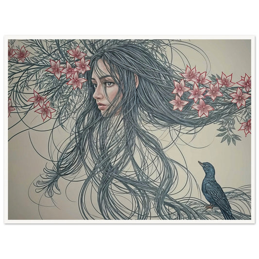 A surreal painting depicting a woman's face intertwined with long flowing hair and flowers, accompanied by a small bird.