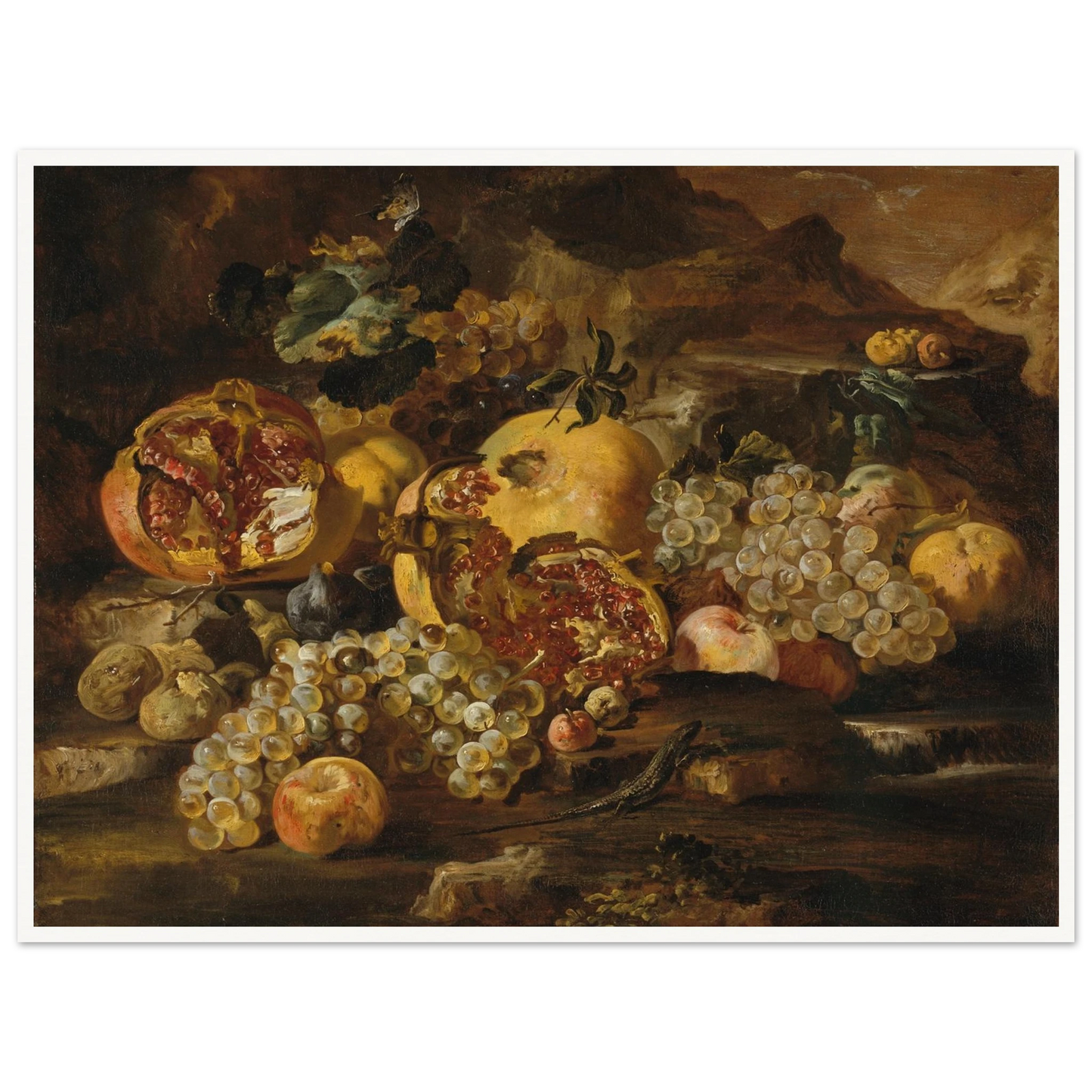 Pomegranates, grapes, apples, and a lizard arranged in a dark landscape still life.