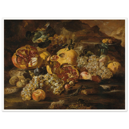 Pomegranates, grapes, apples, and a lizard arranged in a dark landscape still life.