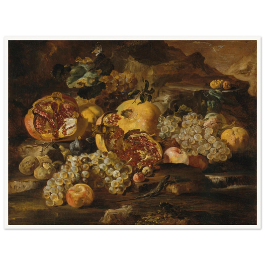 Pomegranates, grapes, apples, and a lizard arranged in a dark landscape still life.