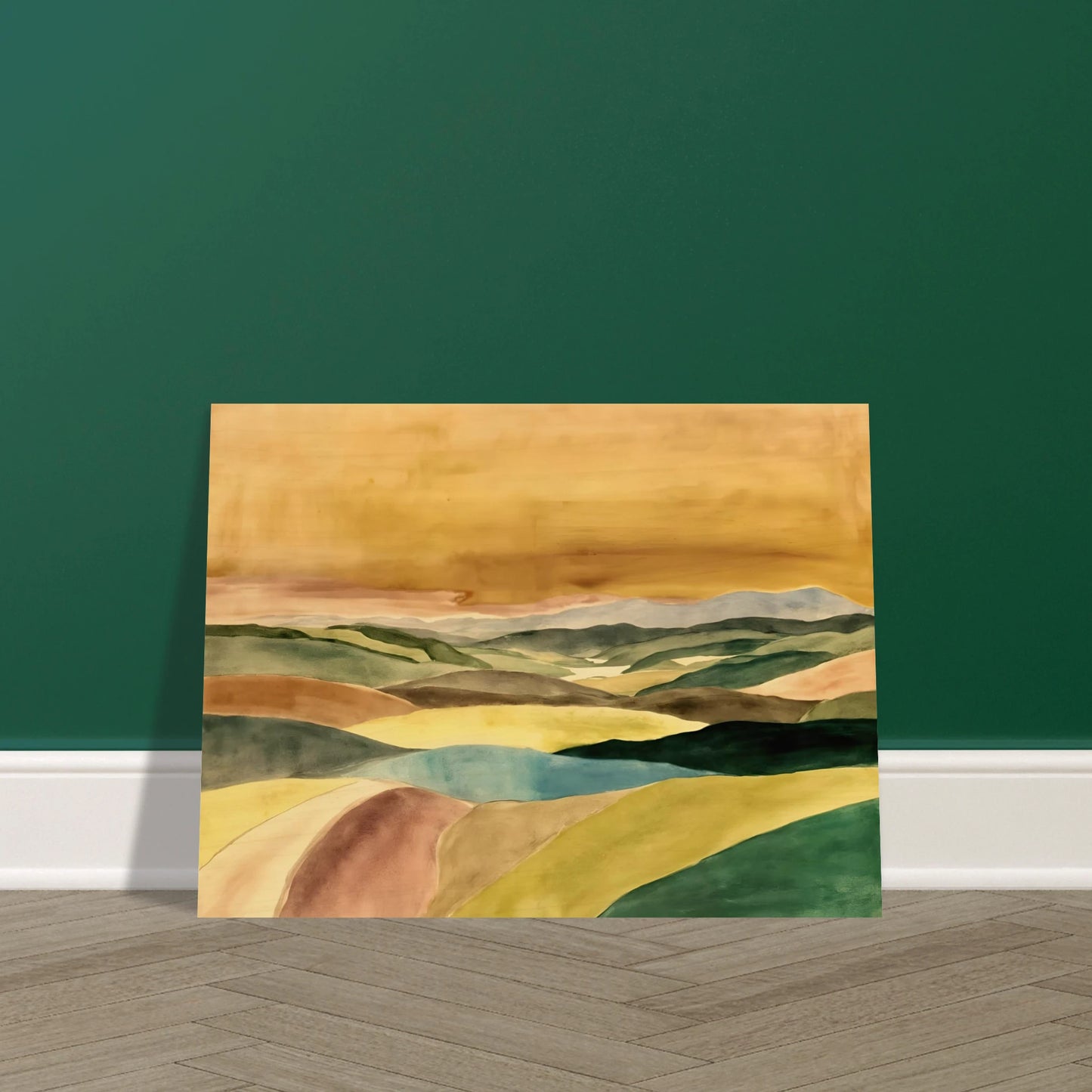 A serene landscape painting featuring layered rolling hills in shades of green, blue, cream, and brown beneath a vast golden sky. Soft contours and muted colors create a peaceful, atmospheric countryside scene stretching into the distance.
