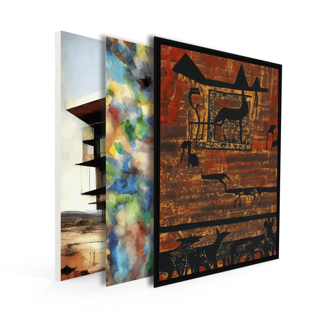 Trio of art prints featuring abstract architecture, colorful patterns, and ancient animal silhouettes, ideal for creating a bold, eclectic wall display.