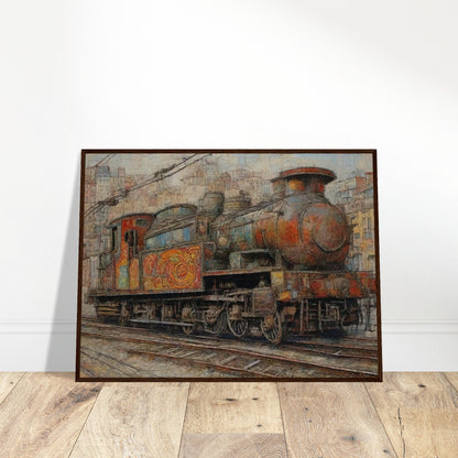 "A detailed painting of a colorful, weathered steam locomotive in an urban setting, showcasing intricate patterns and a sense of nostalgia for vintage travel."