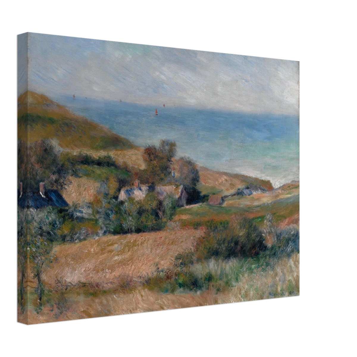 A Normandy coast with grassy fields, cottages, and a calm blue sea beneath a pale sky.