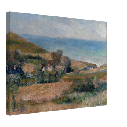 A Normandy coast with grassy fields, cottages, and a calm blue sea beneath a pale sky.