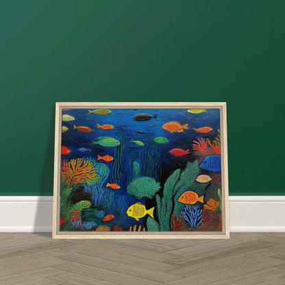 "A vivid painting of a vibrant underwater coral reef, teeming with colorful fish of various shapes and sizes swimming amidst the lush marine plants and coral."