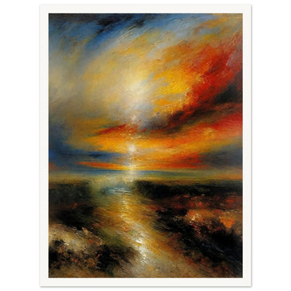 A vibrant painting capturing a dramatic sunset over a landscape. The sky is filled with intense hues of orange, red, and blue, blending seamlessly as the sun descends, casting a warm glow over the water below.