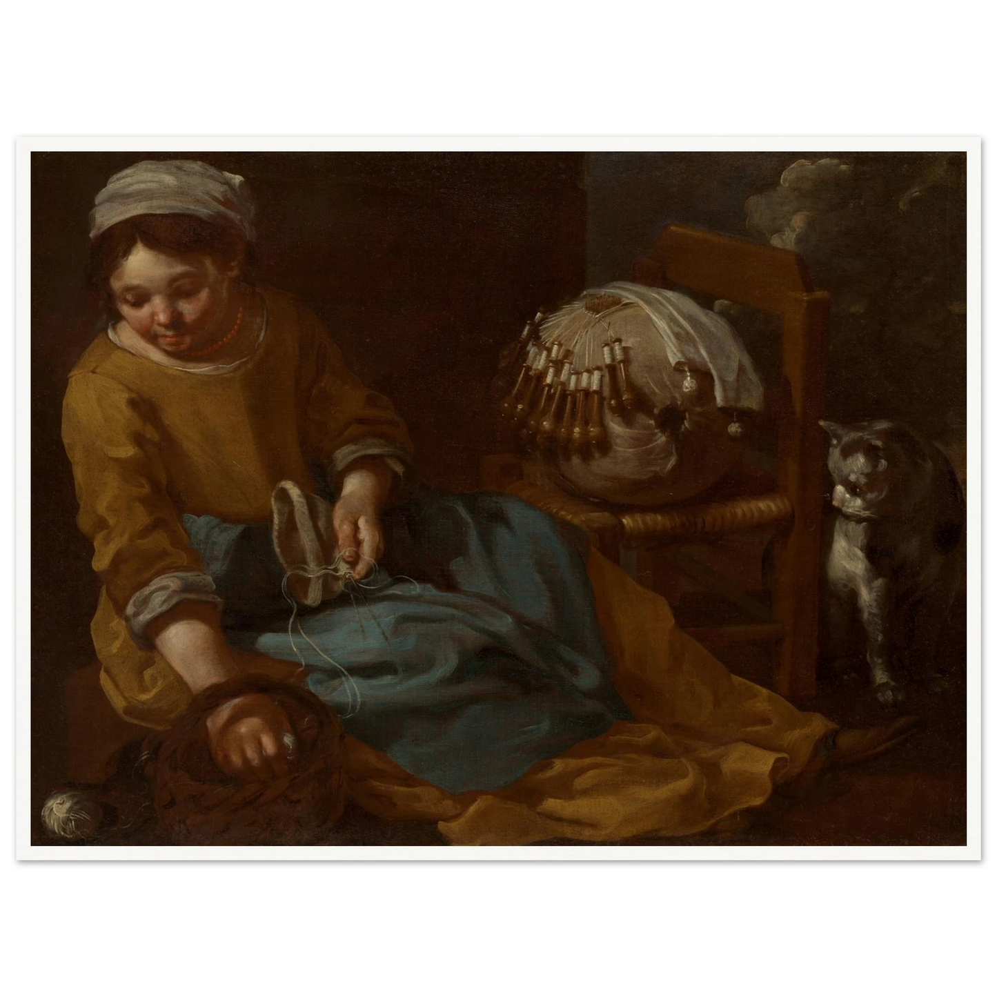 Young lacemaker works beside a chair and watchful cat in a dim interior