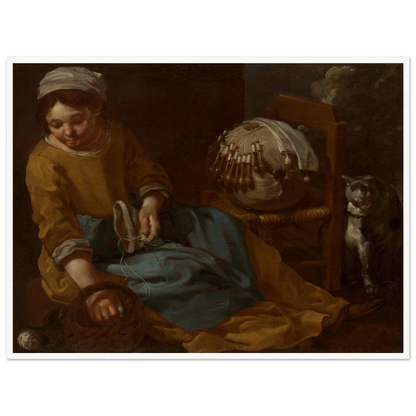 Young lacemaker works beside a chair and watchful cat in a dim interior