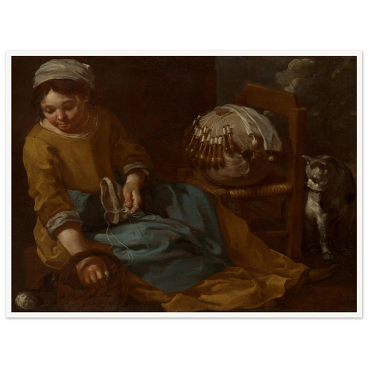 Young lacemaker works beside a chair and watchful cat in a dim interior