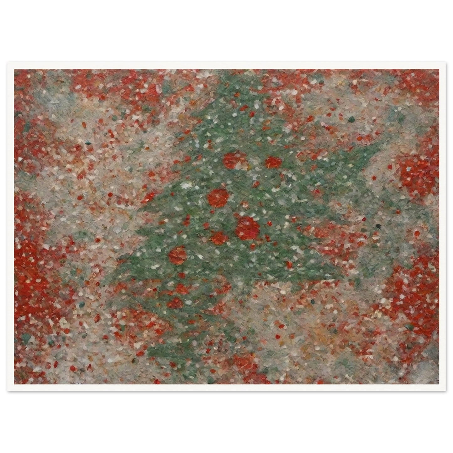 A textured artwork featuring a subtle Christmas tree shape in green, surrounded by red and white festive hues, creating a wintery charm.