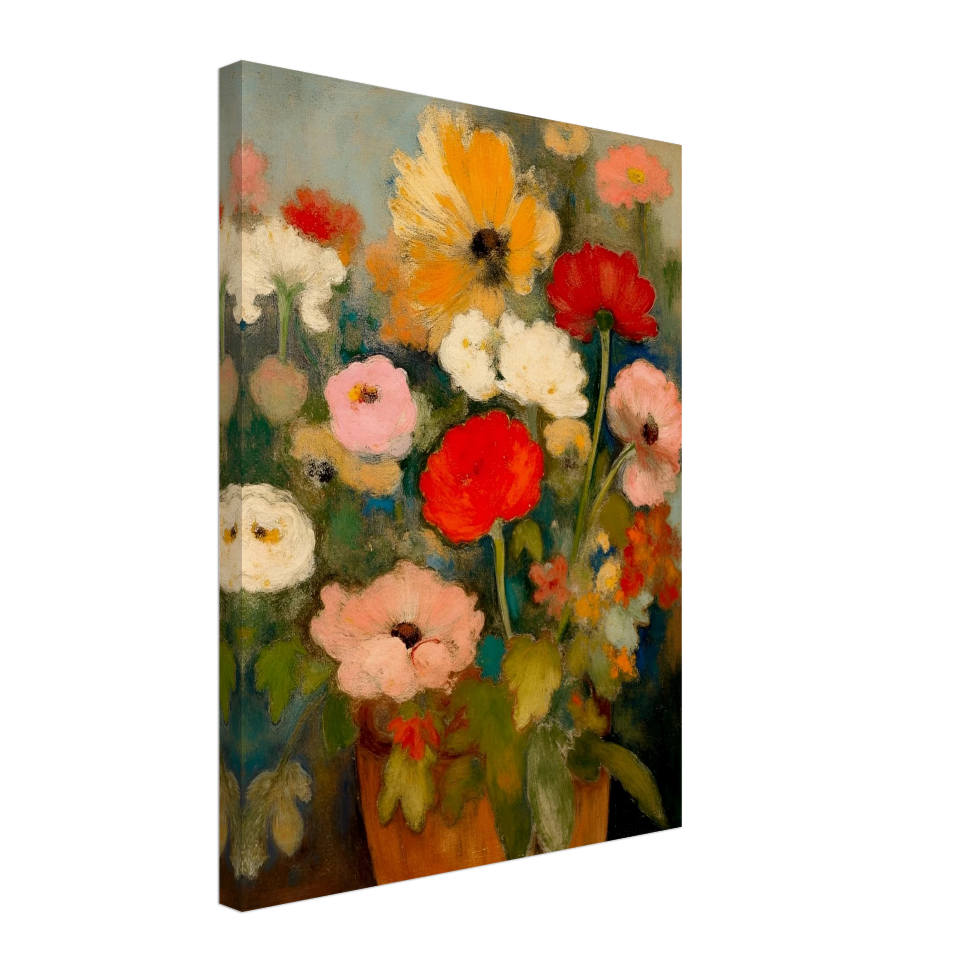 Red, pink, white, and yellow flowers rise from an earthen vase against a soft green-blue background.