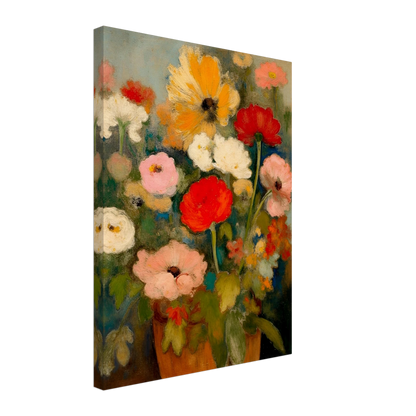 Red, pink, white, and yellow flowers rise from an earthen vase against a soft green-blue background.