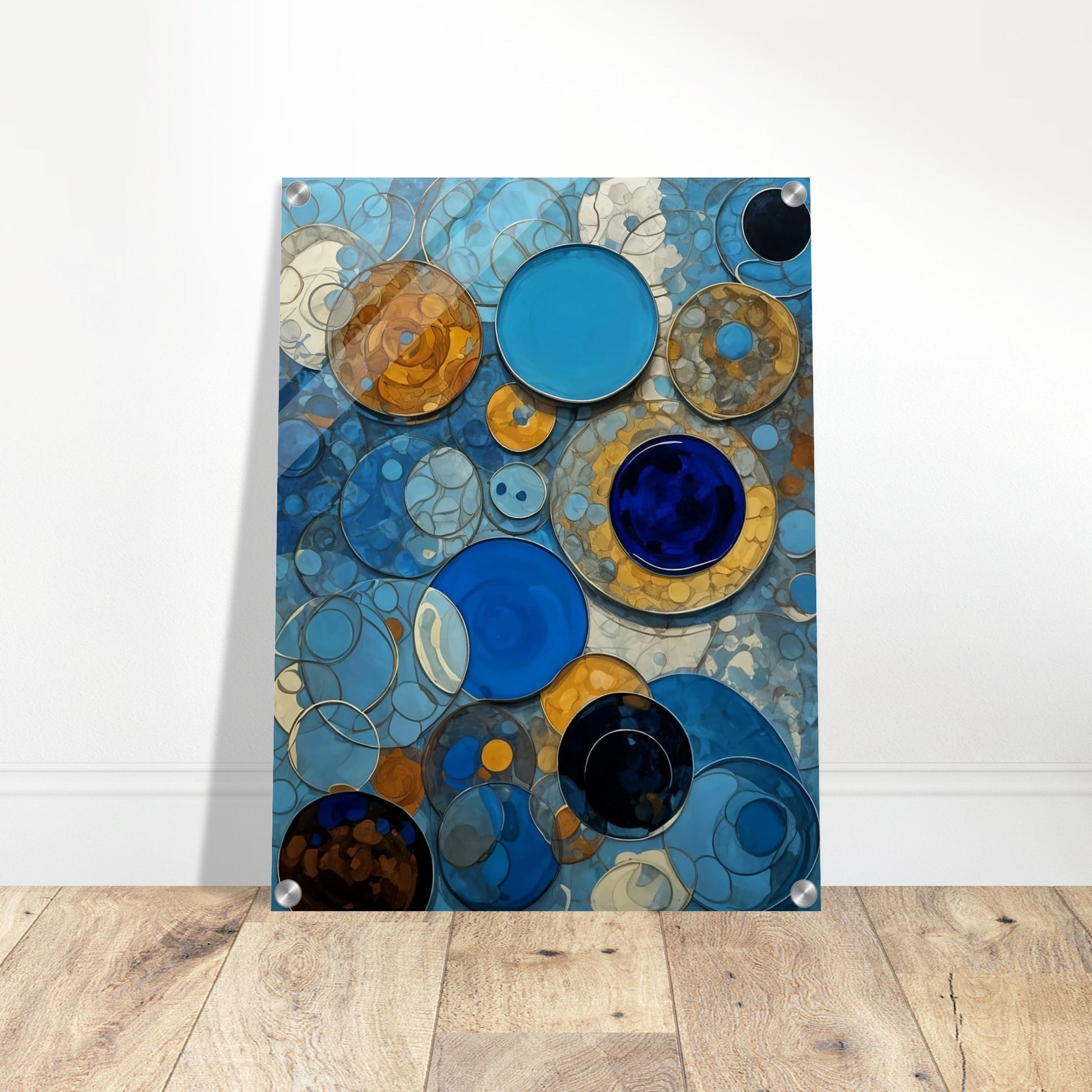 An abstract painting featuring various shades of blue and orange circular patterns overlapping in a dynamic composition.