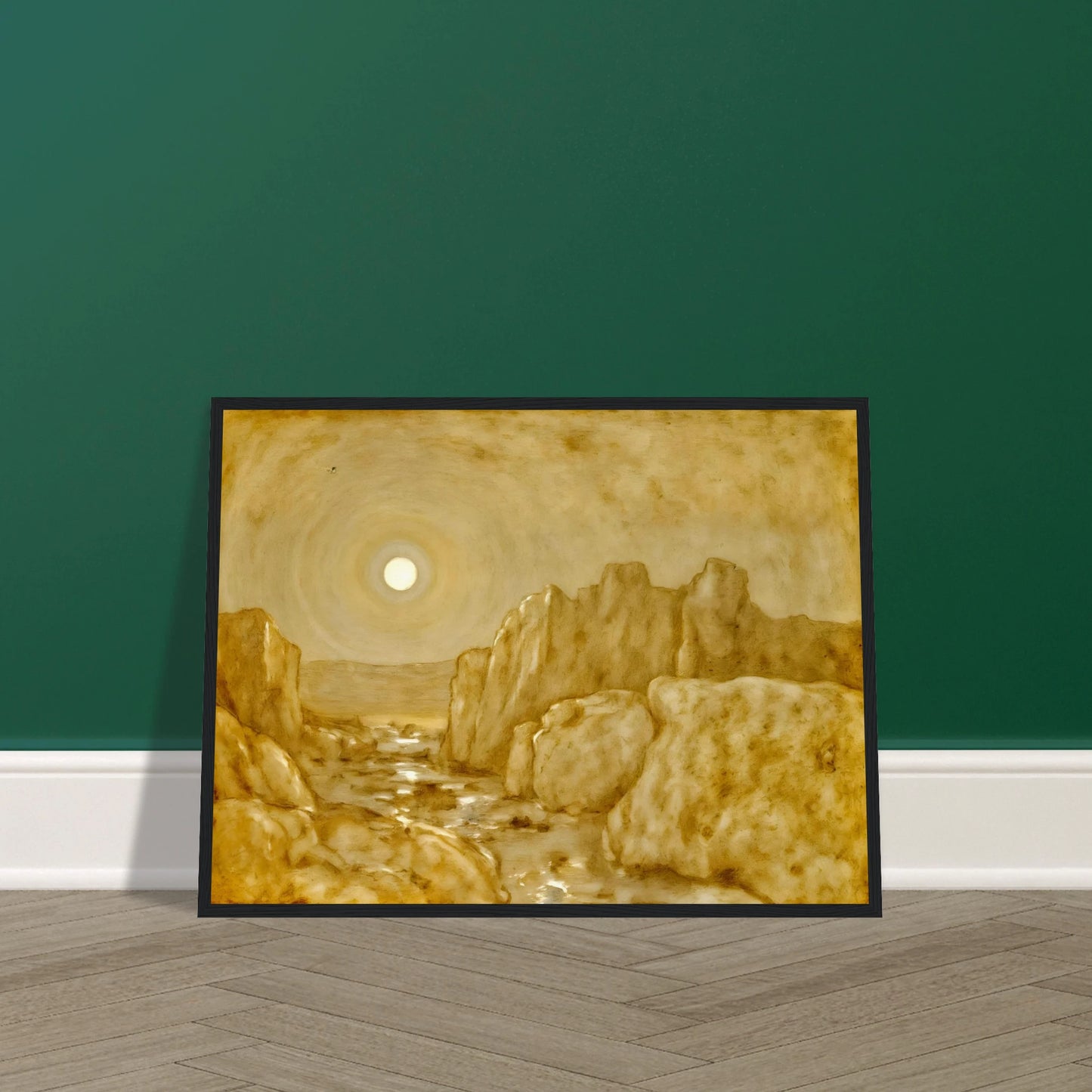 Golden canyon landscape beneath a radiant sun, with weathered stone cliffs and reflective waters glowing in warm sepia tones.