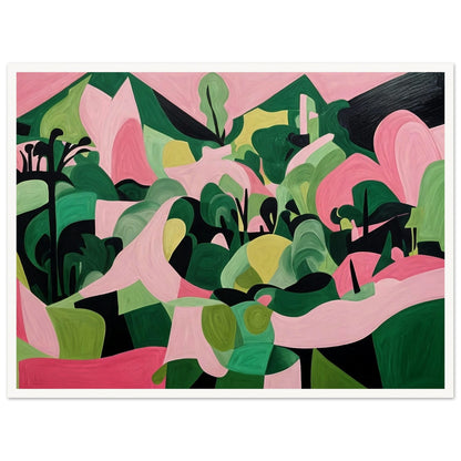 "An abstract painting filled with organic green and pink shapes, resembling a vibrant landscape of rolling hills and trees in a surreal, geometric style."