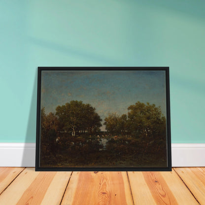 Cattle gather beside a reflective woodland pool beneath dense trees and a wide blue sky.